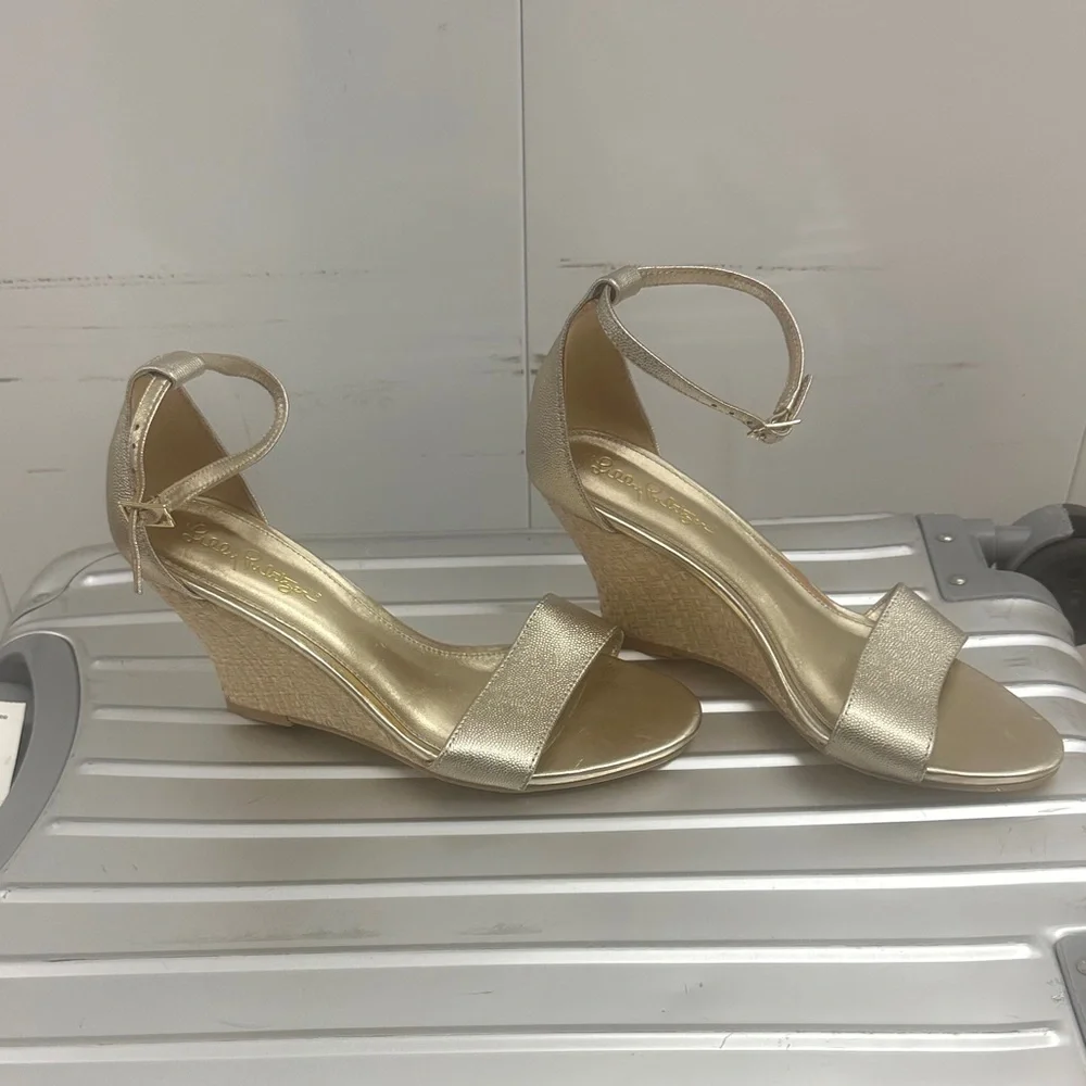 Lilly Pulitzer Gold Espadrille Ankle-Strap Block Heels